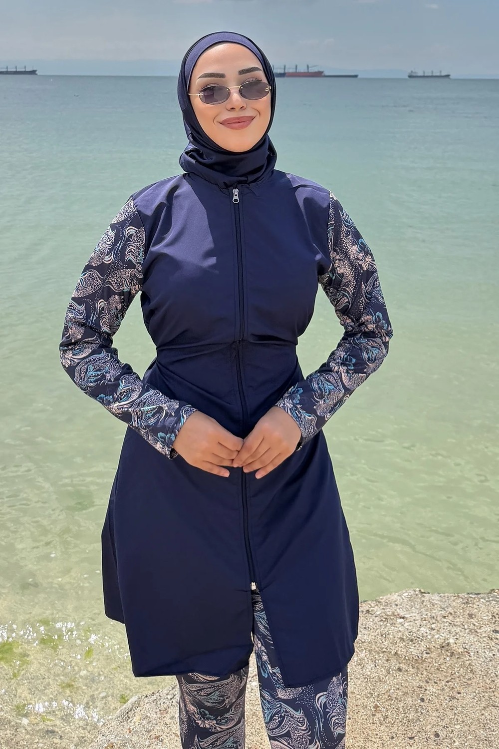 Hafsa Mina Floral Desenli Tesettür Mayo Tam Takım Lacivert HM2928 görsel 8