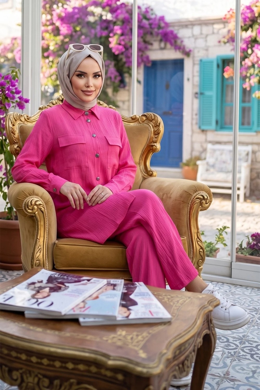 Hafsa Mina Çift Cepli Gömlekli Ikili Takım Bej HM2685 görsel 7