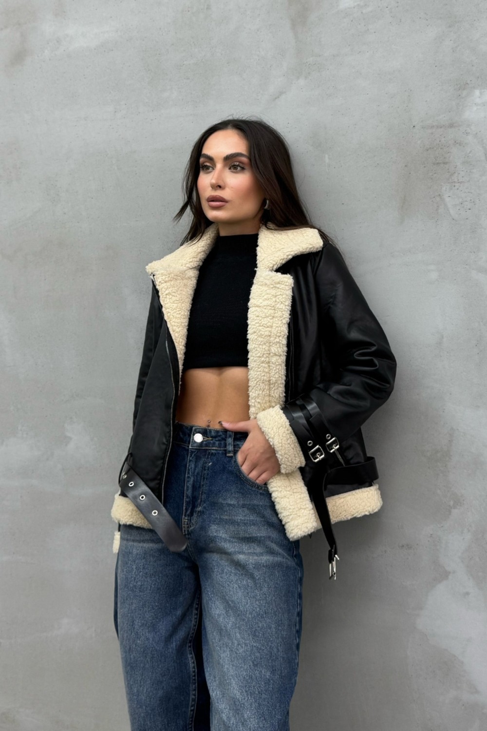 Msm Fashion Siyah Kadın Biker Kısa Ceket İçi Kürklü Uzun Kol Günlük Stil görsel 6