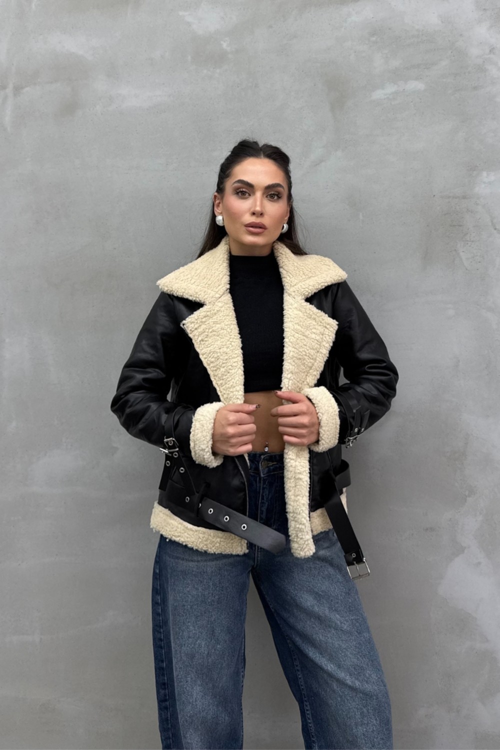Msm Fashion Siyah Kadın Biker Kısa Ceket İçi Kürklü Uzun Kol Günlük Stil görsel 7