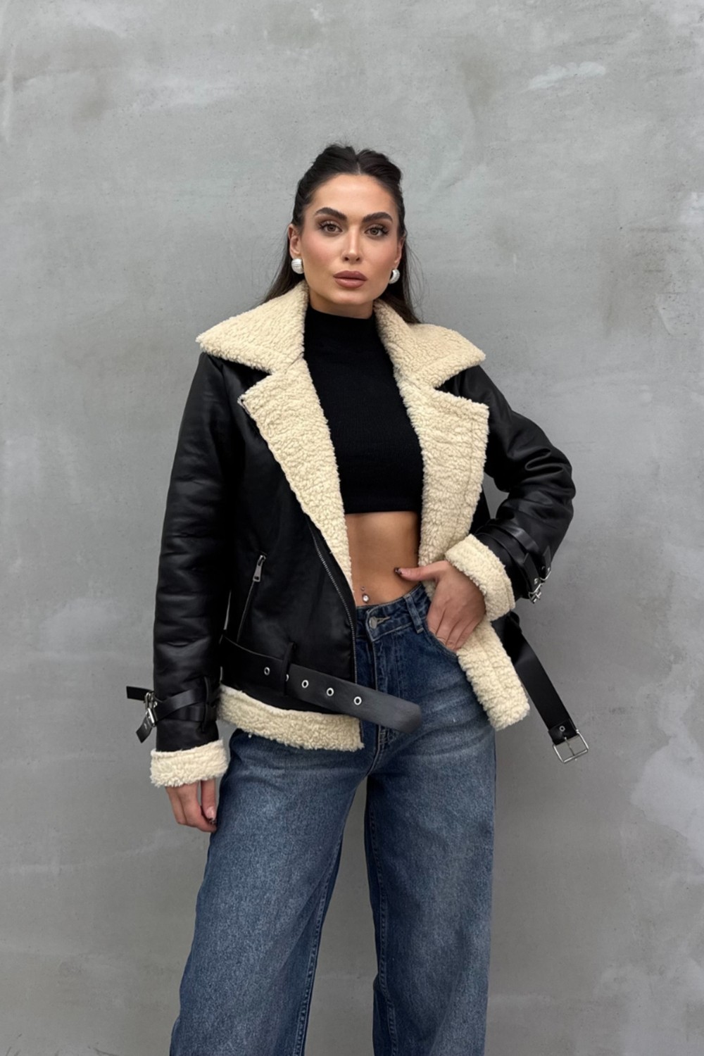 Msm Fashion Siyah Kadın Biker Kısa Ceket İçi Kürklü Uzun Kol Günlük Stil görsel 8