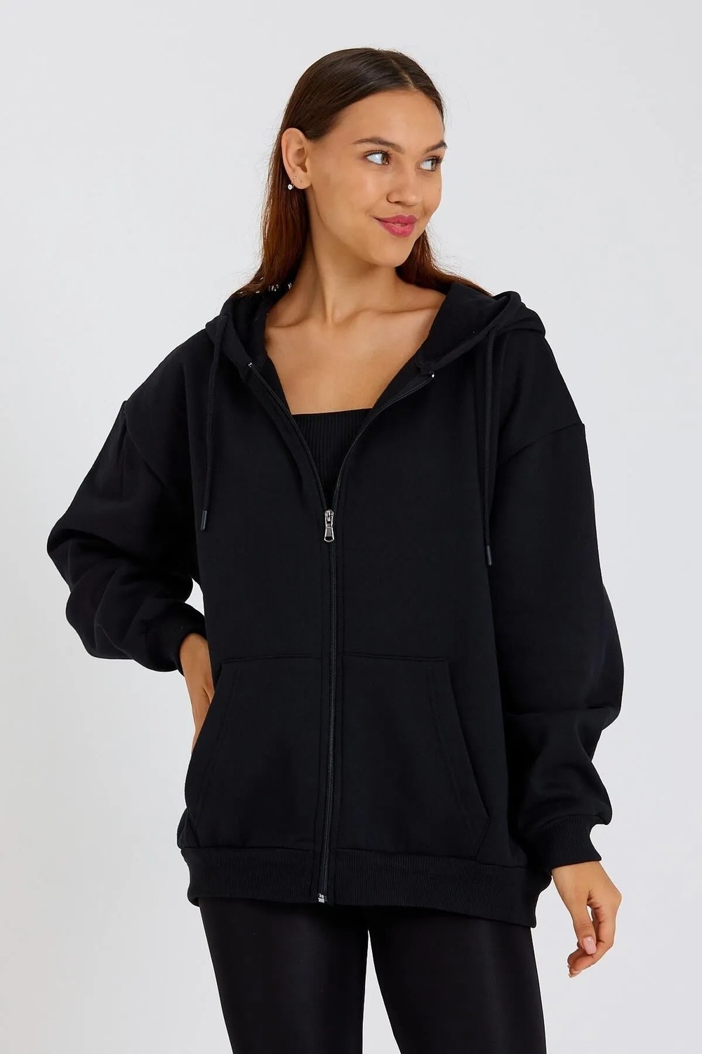 Mmetalic Siyah Kanguru Cepli Kapüşonlu Fermuarlı Oversize Kadın Sweatshirt görsel 7