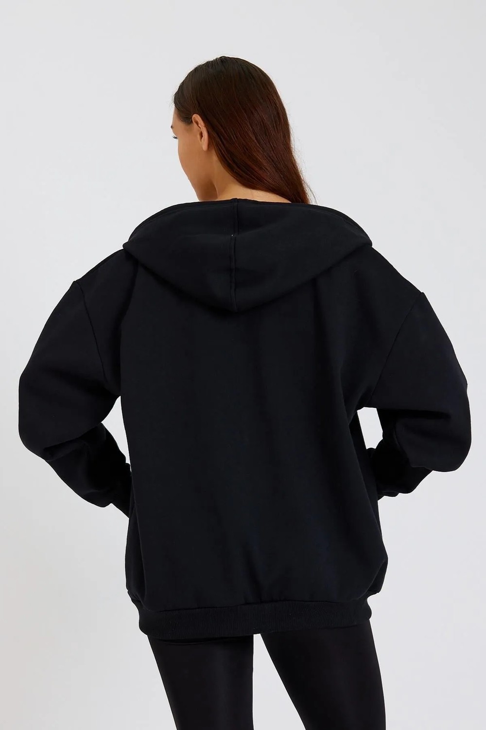 Mmetalic Siyah Kanguru Cepli Kapüşonlu Fermuarlı Oversize Kadın Sweatshirt görsel 8