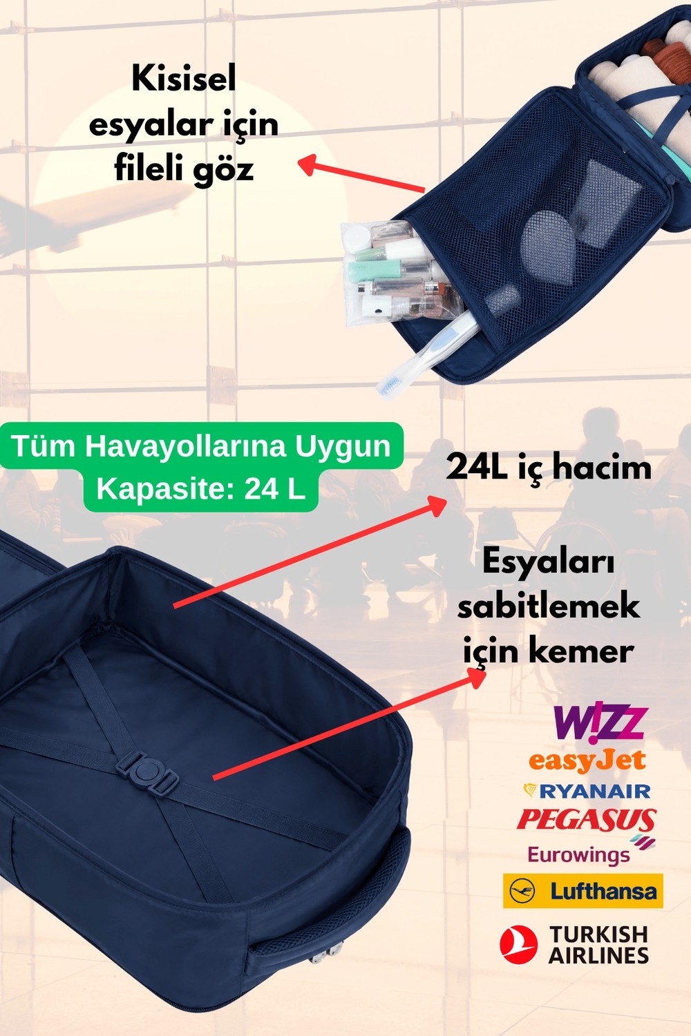 Jet Turtle Seyahat Sırt Çantası 40CM 40X25X15 cm Pegasus, Wizz Air, Ryanair, El Valizi Koltuk Altı Valizi görsel 2