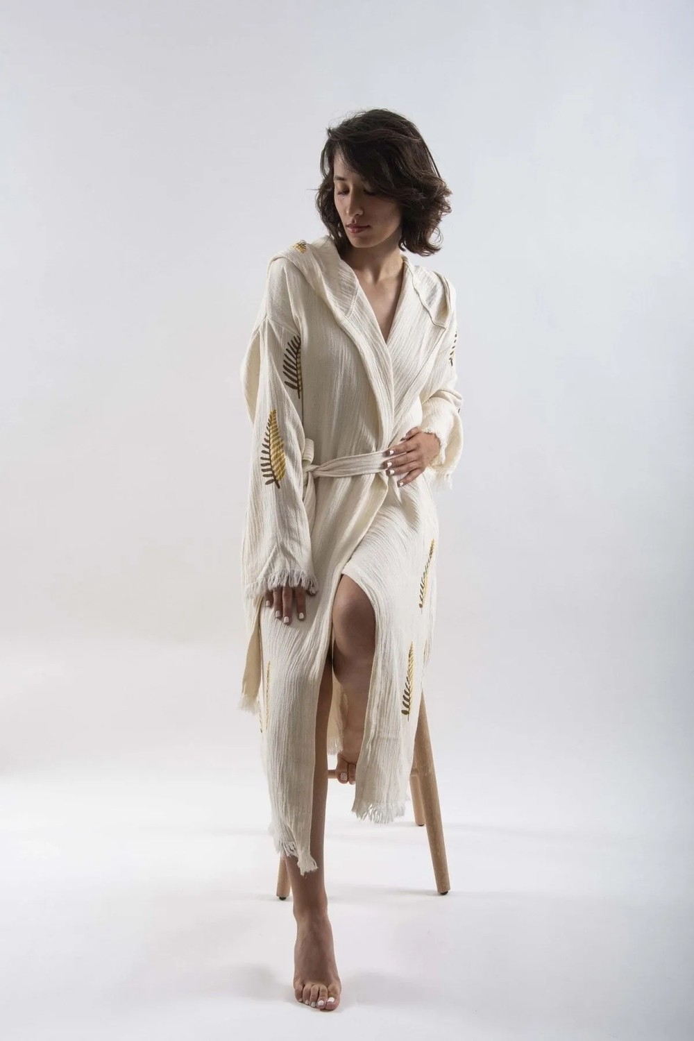 Reina Teks Peştemal Bornoz Pareo Pamuklu Plaj Sarı Çam Yaprak Desen 1 Adet Unisex Beachwear Kimono Kaftan görsel 5
