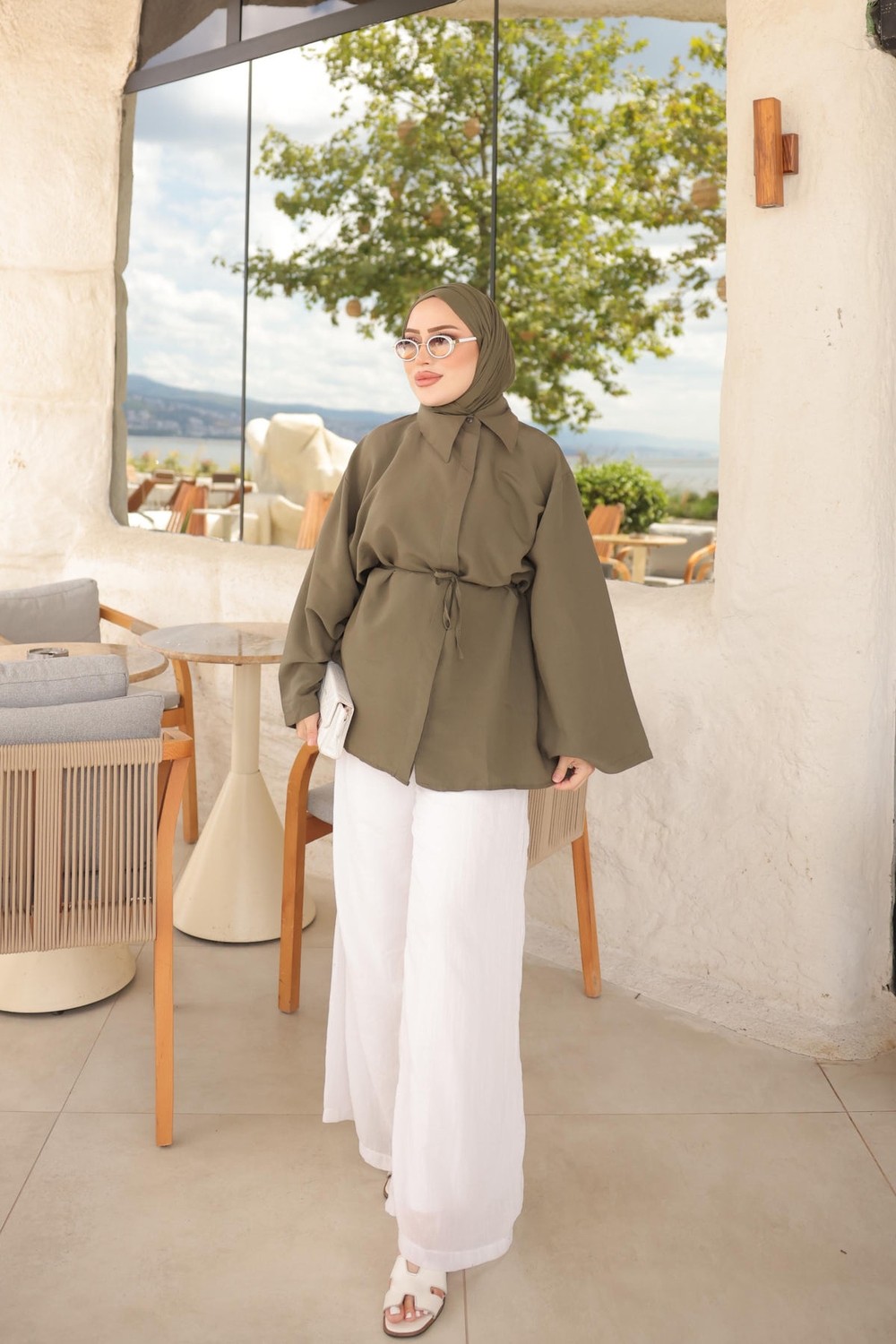 İmaj Butik Haki Bel Bağlamalı Geniş Kol Gömlek görsel 6
