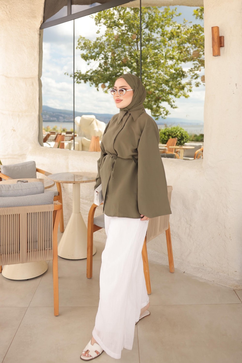 İmaj Butik Haki Bel Bağlamalı Geniş Kol Gömlek görsel 7
