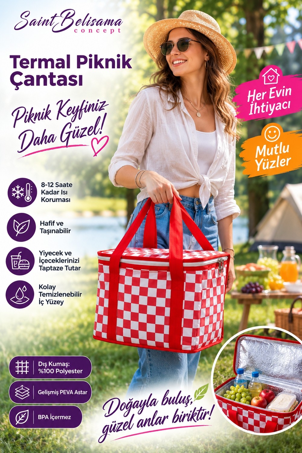 Saint Belisama Termo Lüks Piknik Çantası Kırmızı Ekoseli- Plaj Çantası - Termo Piknik Çantası 35 x 20 x 20 cm (20 Litre) görsel 3