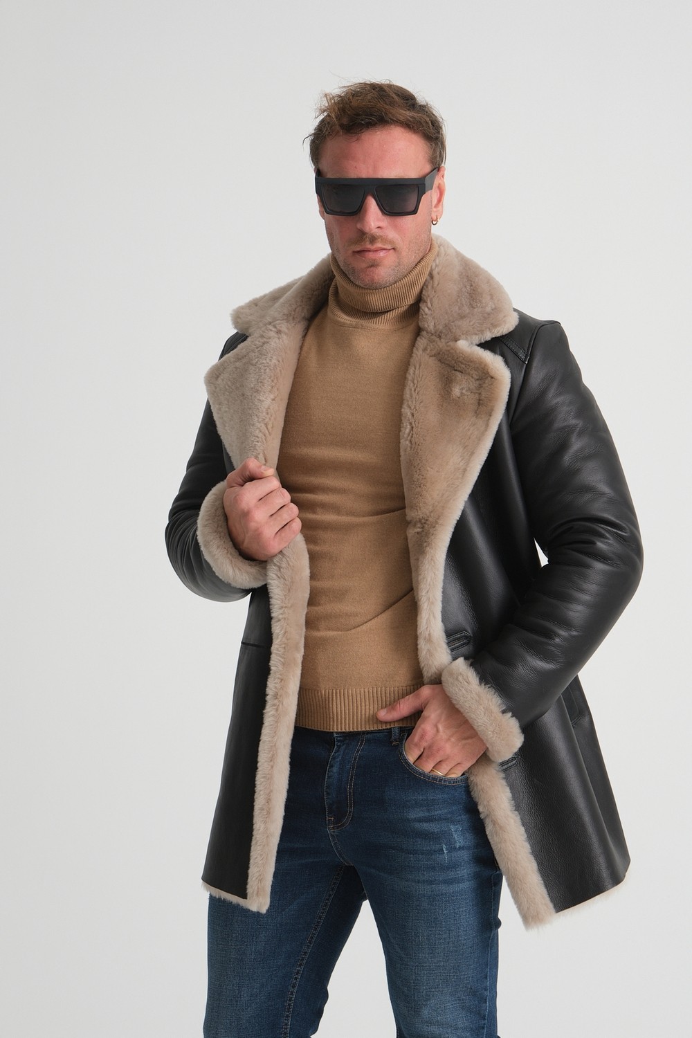 By Marki Marki Lüks Erkek Deri Kaban, 90 cm Uzunluk, Hakiki Kürk Yaka, Premium Siyah Dış Yüzey - 500522 görsel 6