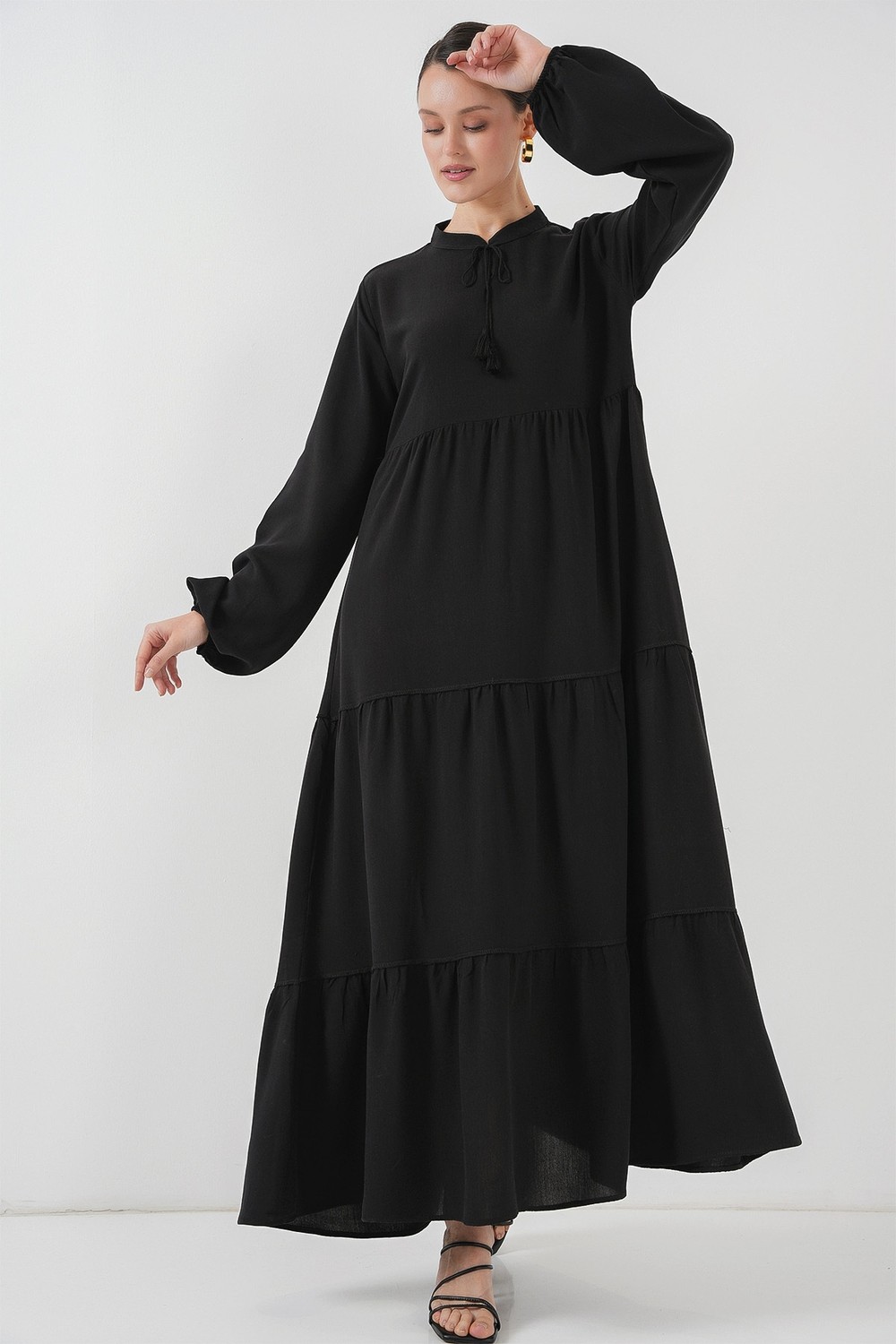 Bigdart T1627 Yaka Bağcıklı Elbise - Siyah görsel 4