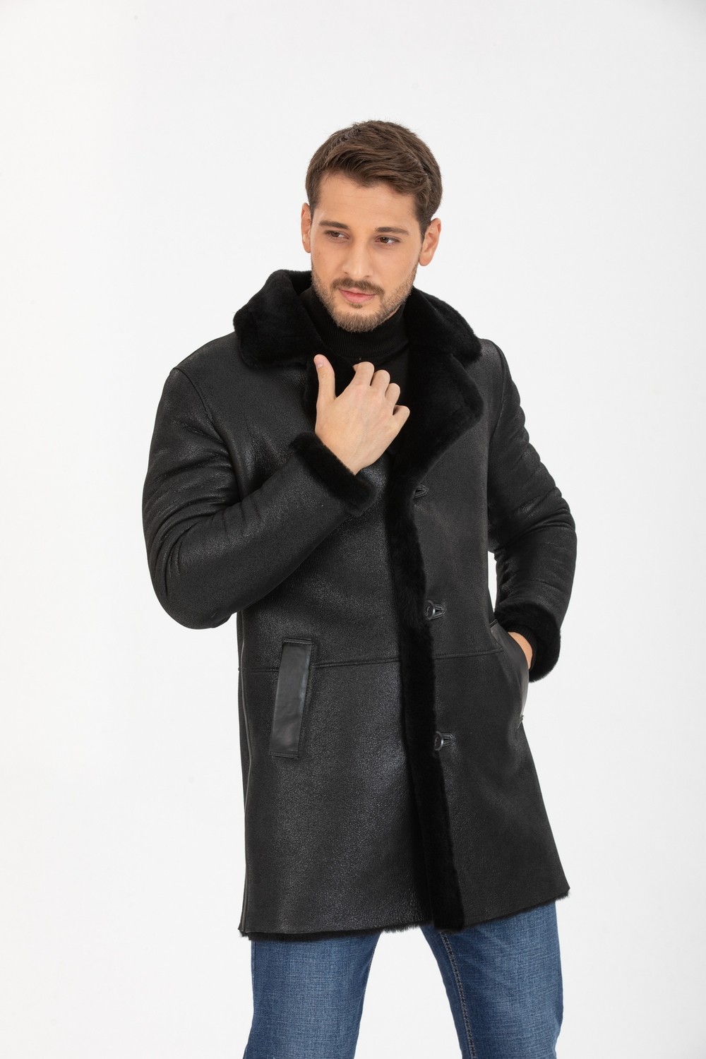 By Marki Marki Erkek Deri Kaban, Kürk Yakalı Kaban, Siyah Içi Kürklü - 500522 görsel 6