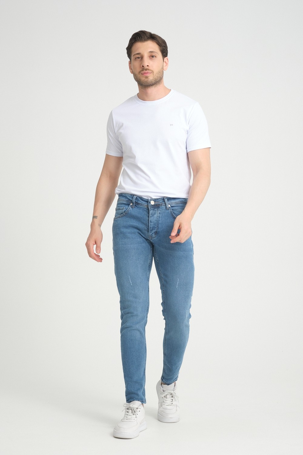 OneZero Erkek Orta Mavi Destroy Skinny Fit Pantolon