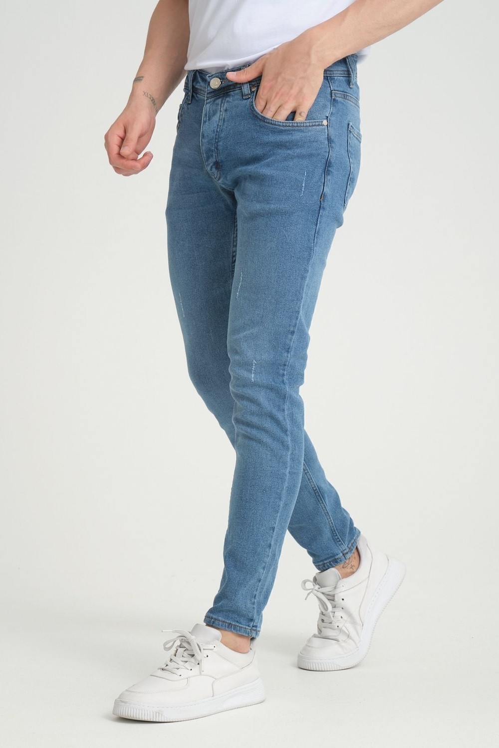 OneZero Erkek Orta Mavi Destroy Skinny Fit Pantolon görsel 3