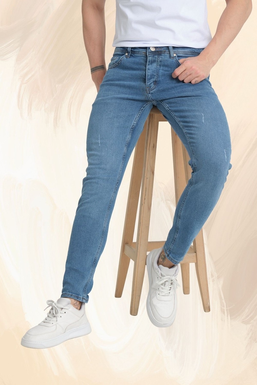 OneZero Erkek Orta Mavi Destroy Skinny Fit Pantolon görsel 5