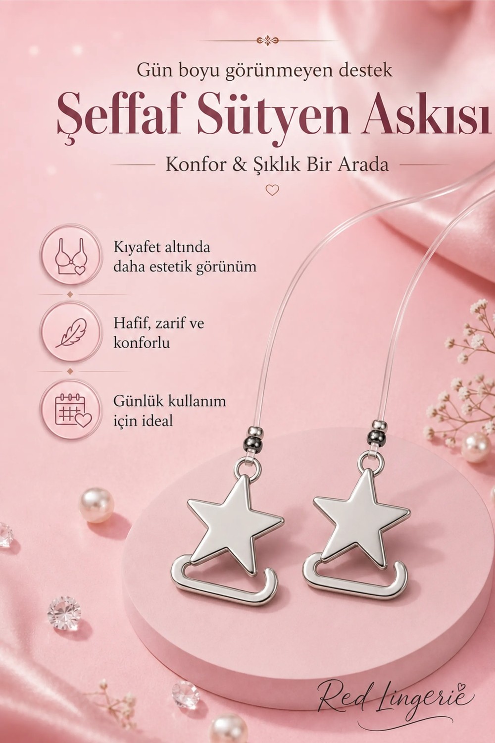 Red İç Giyim Ultra Ince Kalp Desenli Görünmez Ayarlanabilir Şeffaf Sütyen Askısı-Elbise ve Bluzlara Şık Dokunuş görsel 8
