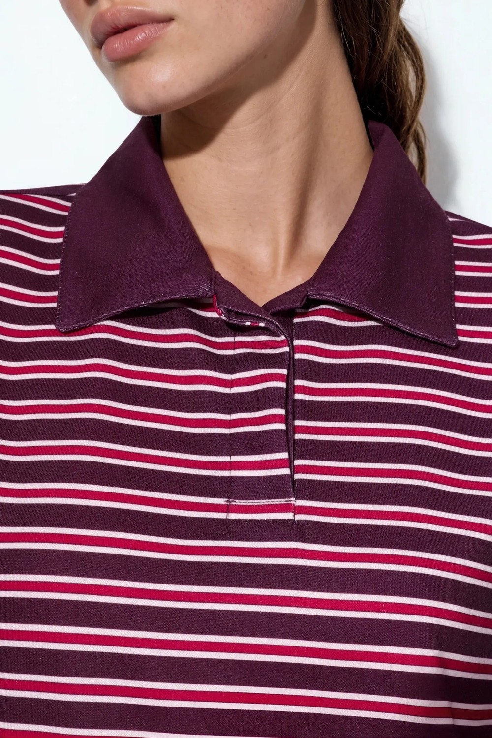 Hiccup Kadınlar Çizgili Oversize Kalıp Polo Yaka T-Shirt Kahverengi görsel 4