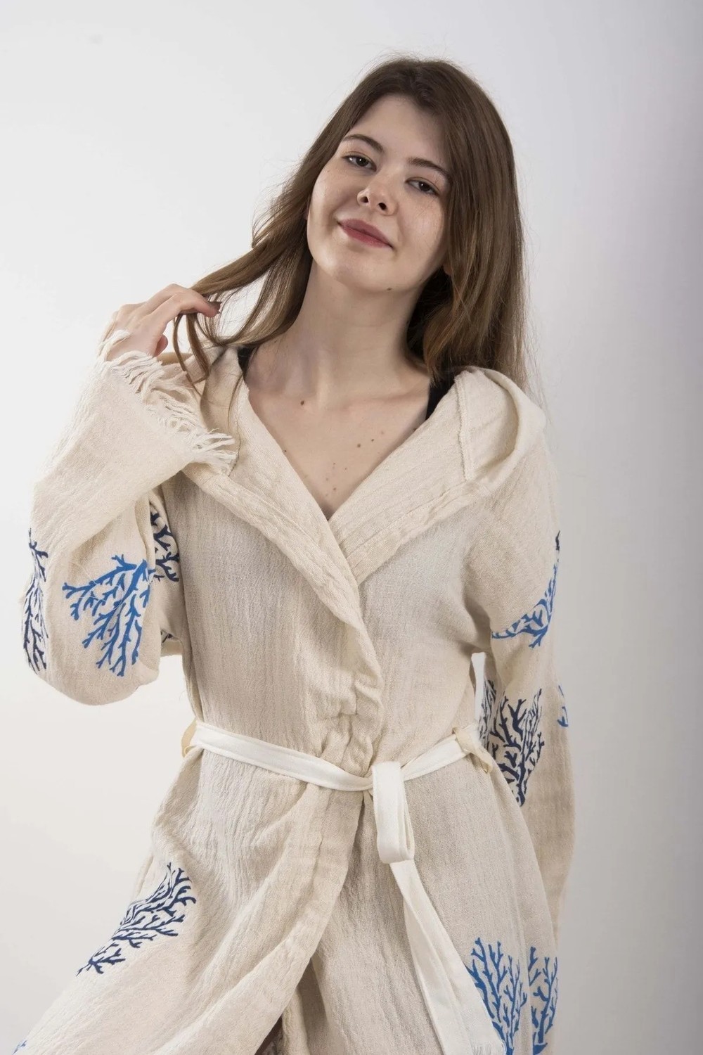 Reina Teks Peştemal Bornoz Pareo Pamuklu Plaj Mercan Hayat Ağacı Desenli 1 Adet Unisex Beachwear Kimono Kaftan görsel 6