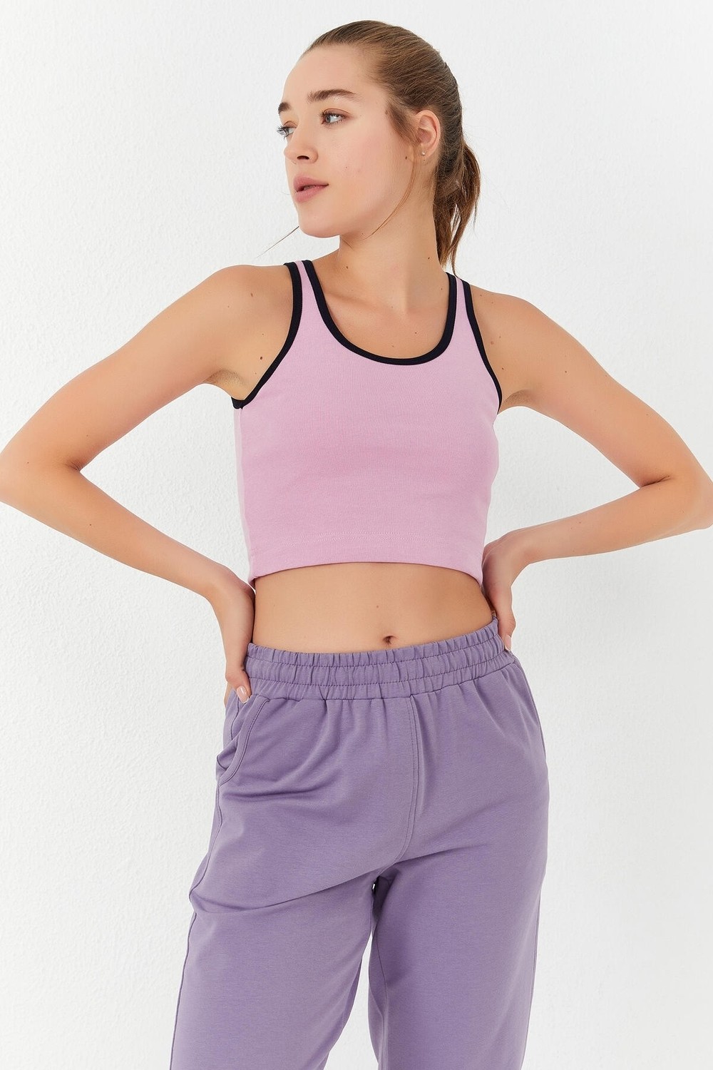 Tommy Life Lacivert Basic Sıfır Kol Dar Kalıp U Yaka Kadın Crop Top Atlet - 97162