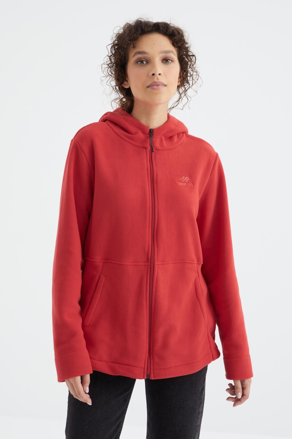 Tommy Life Çağla Kapüşonlu Fermuarlı Rahat Form Kadın Polar Sweatshirt - 97233