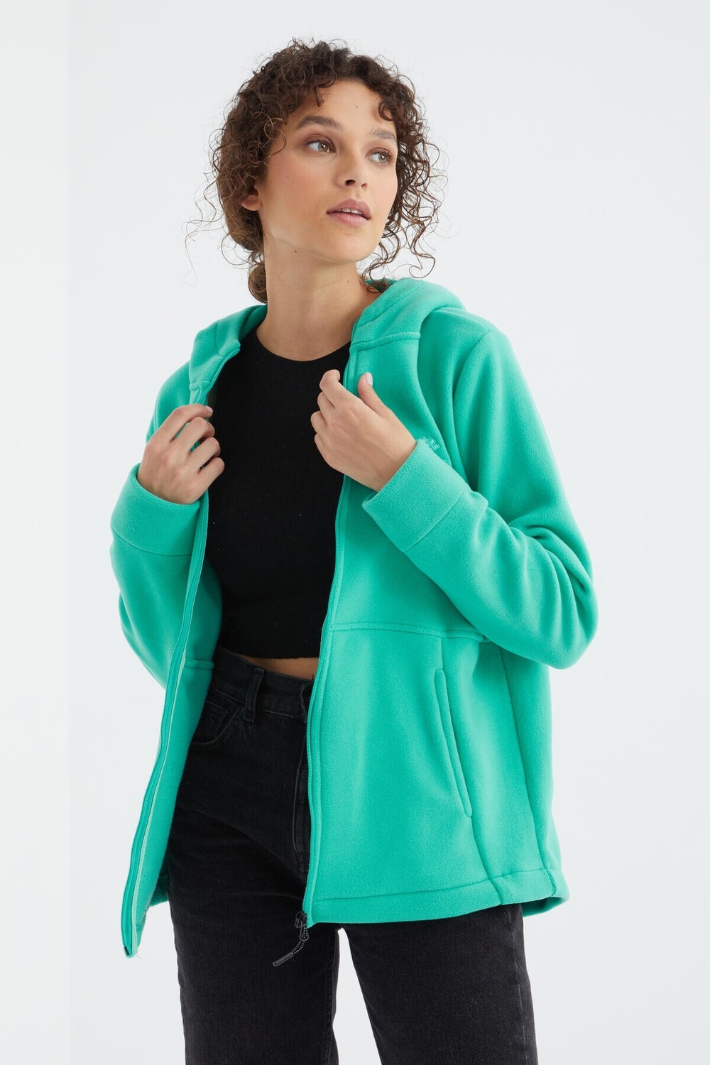 Tommy Life Çağla Kapüşonlu Fermuarlı Rahat Form Kadın Polar Sweatshirt - 97233 görsel 8