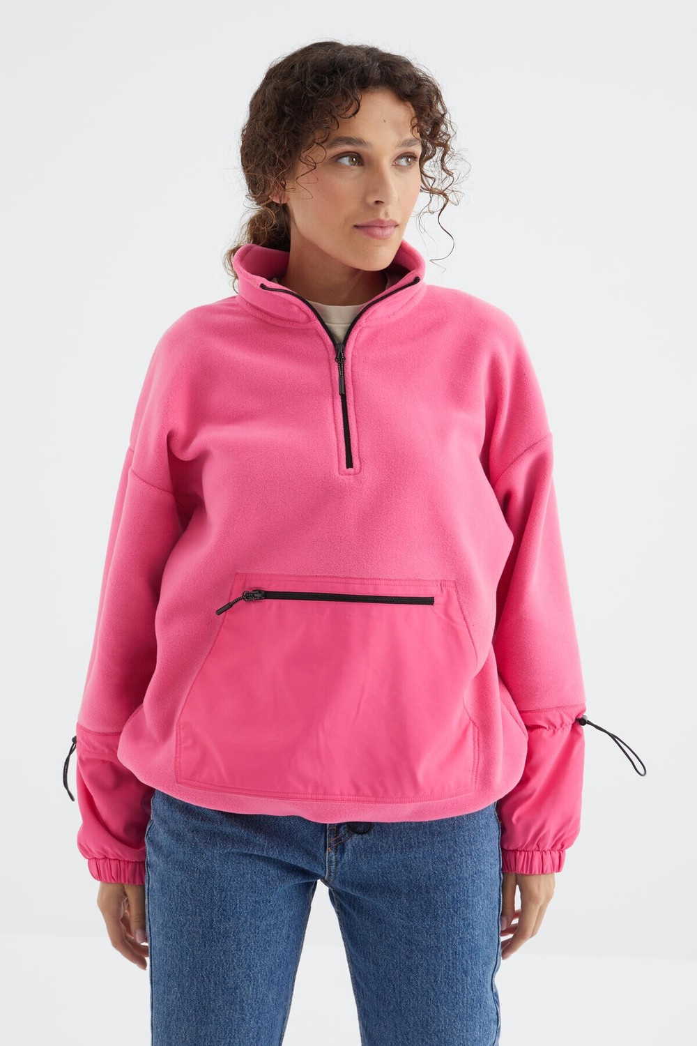 Tommy Life Deniz Yeşili Etek Ucu Büzgülü Yarım Fermuarlı Oversize Kadın Polar Sweatshirt - 97238 görsel 2