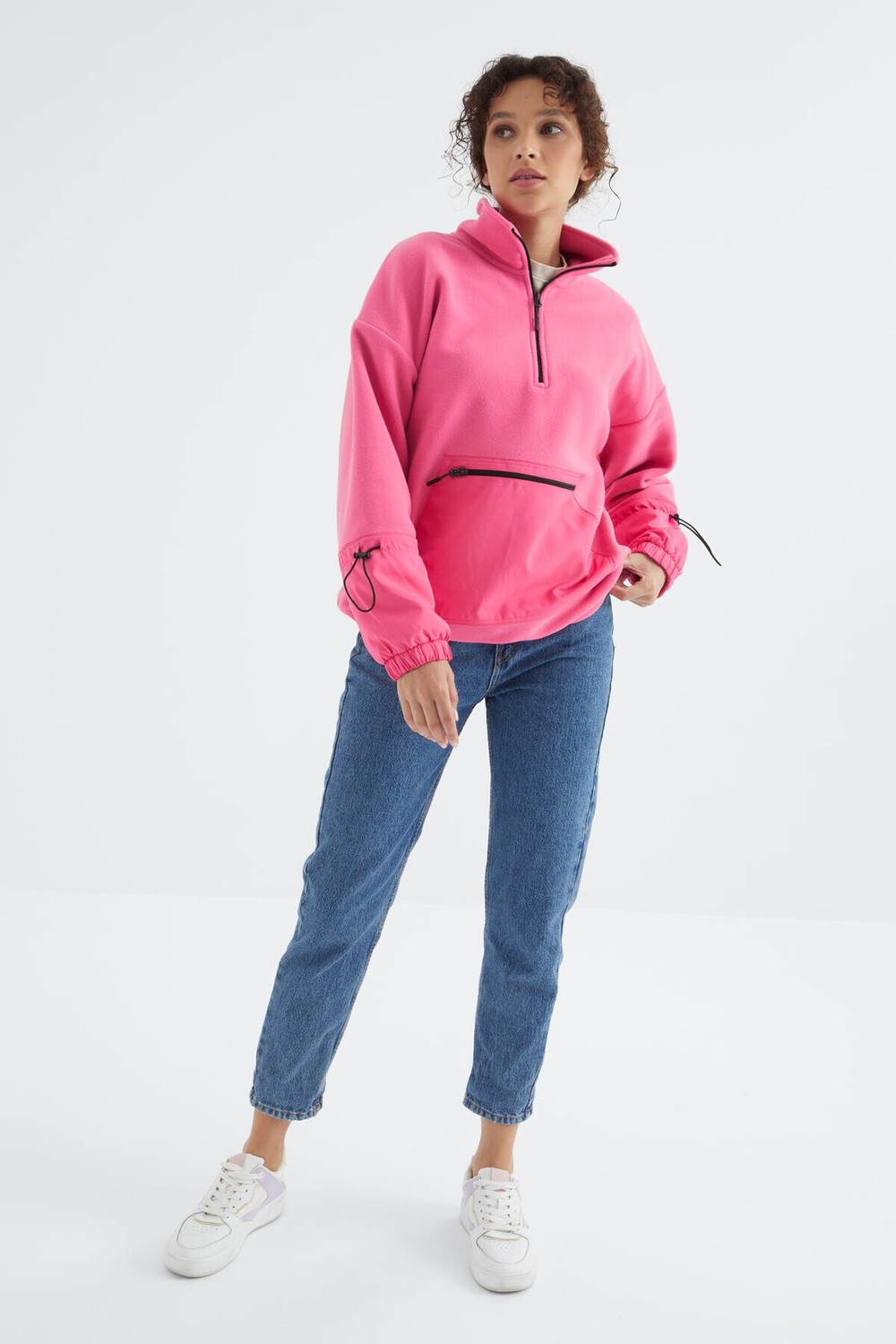 Tommy Life Deniz Yeşili Etek Ucu Büzgülü Yarım Fermuarlı Oversize Kadın Polar Sweatshirt - 97238 görsel 3