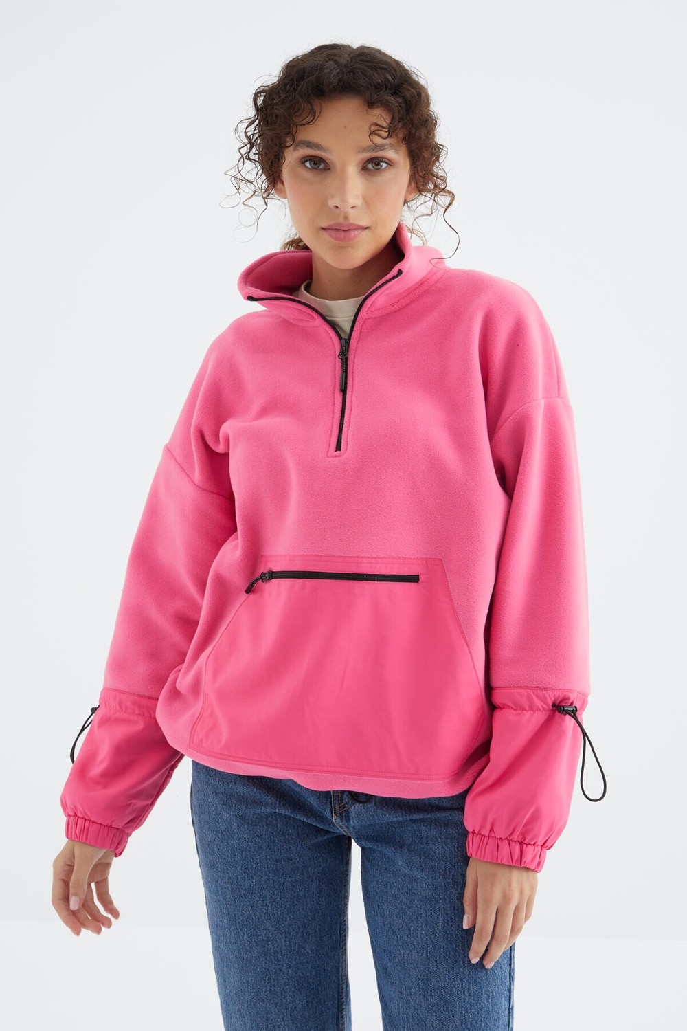 Tommy Life Deniz Yeşili Etek Ucu Büzgülü Yarım Fermuarlı Oversize Kadın Polar Sweatshirt - 97238 görsel 4