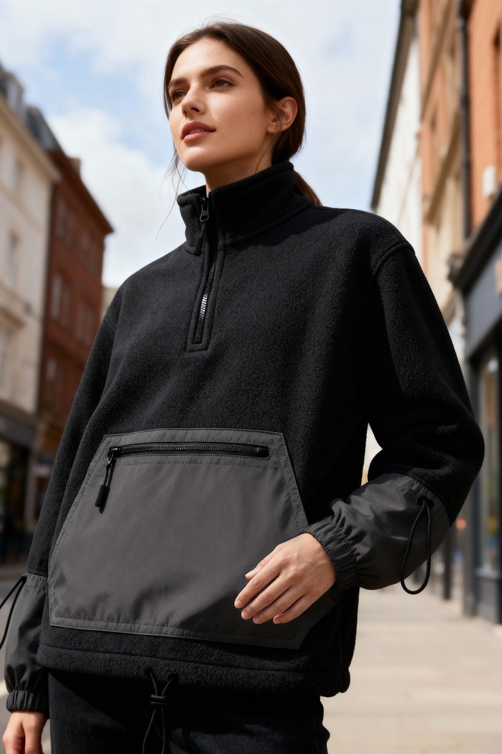 Tommy Life Deniz Yeşili Etek Ucu Büzgülü Yarım Fermuarlı Oversize Kadın Polar Sweatshirt - 97238