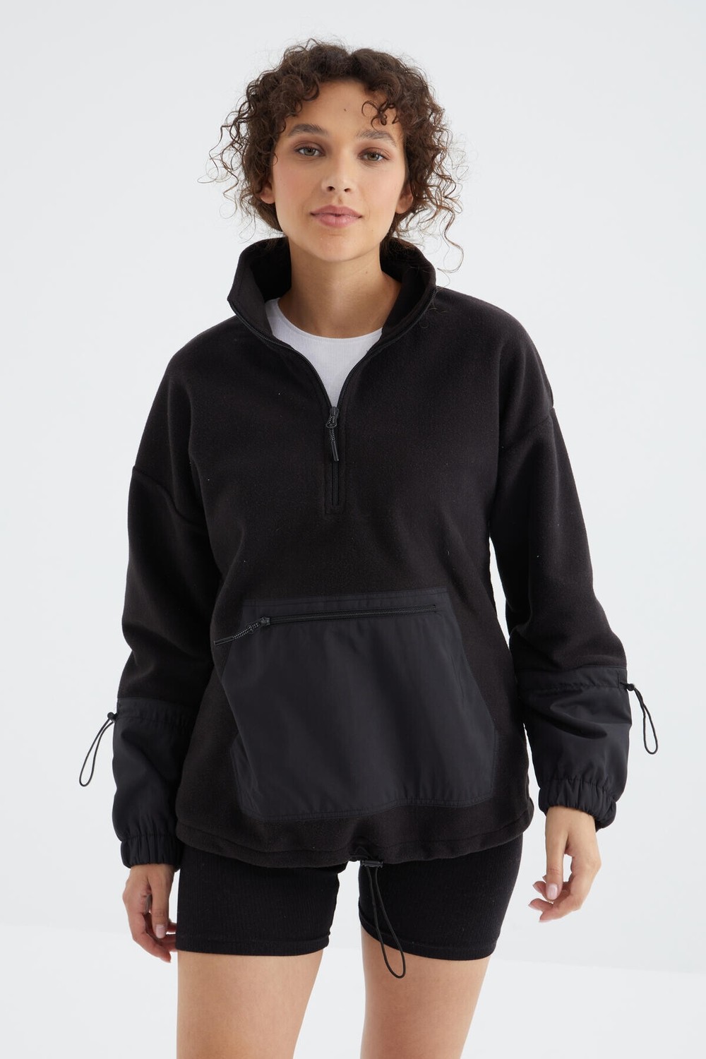 Tommy Life Deniz Yeşili Etek Ucu Büzgülü Yarım Fermuarlı Oversize Kadın Polar Sweatshirt - 97238 görsel 8