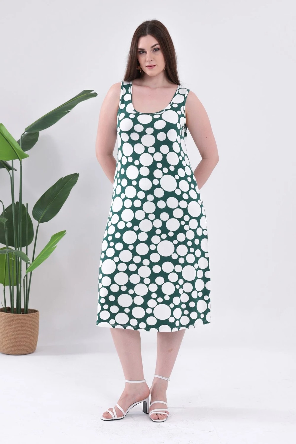 Madwilo Kadın Siyah Bej Floral Desen Askılı Büyük Beden Elbise görsel 8
