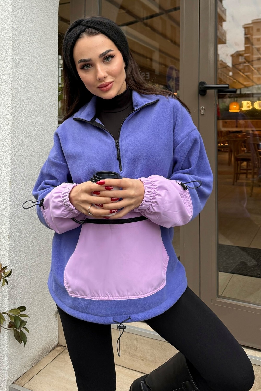 Tommy Life Deniz Yeşili Etek Ucu Büzgülü Yarım Fermuarlı Oversize Kadın Polar Sweatshirt - 97238