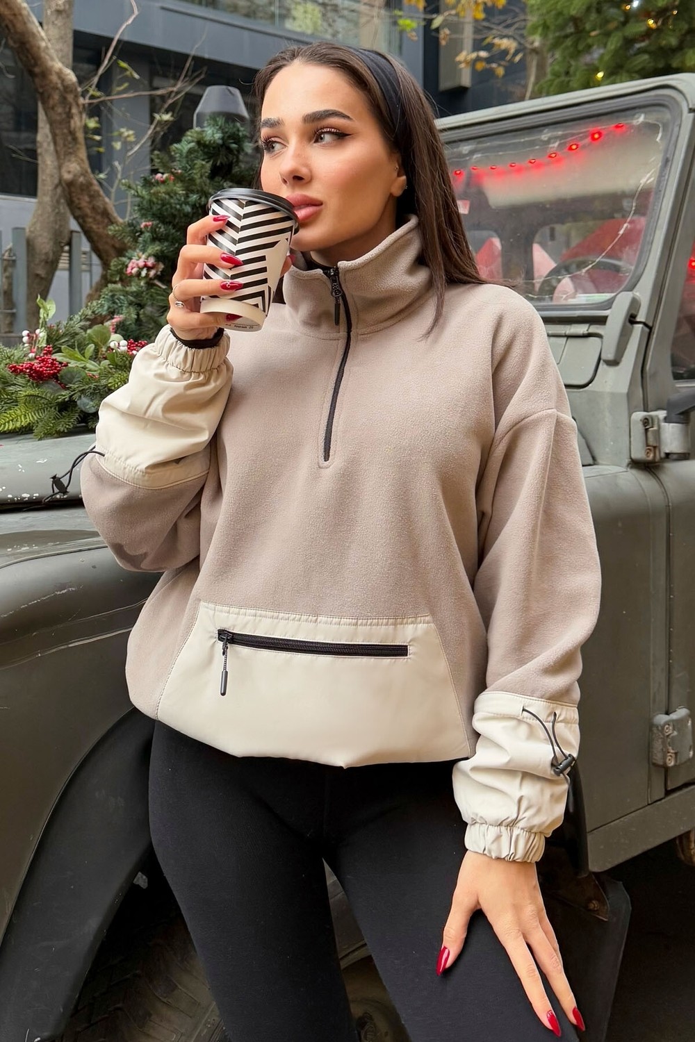 Tommy Life Deniz Yeşili Etek Ucu Büzgülü Yarım Fermuarlı Oversize Kadın Polar Sweatshirt - 97238