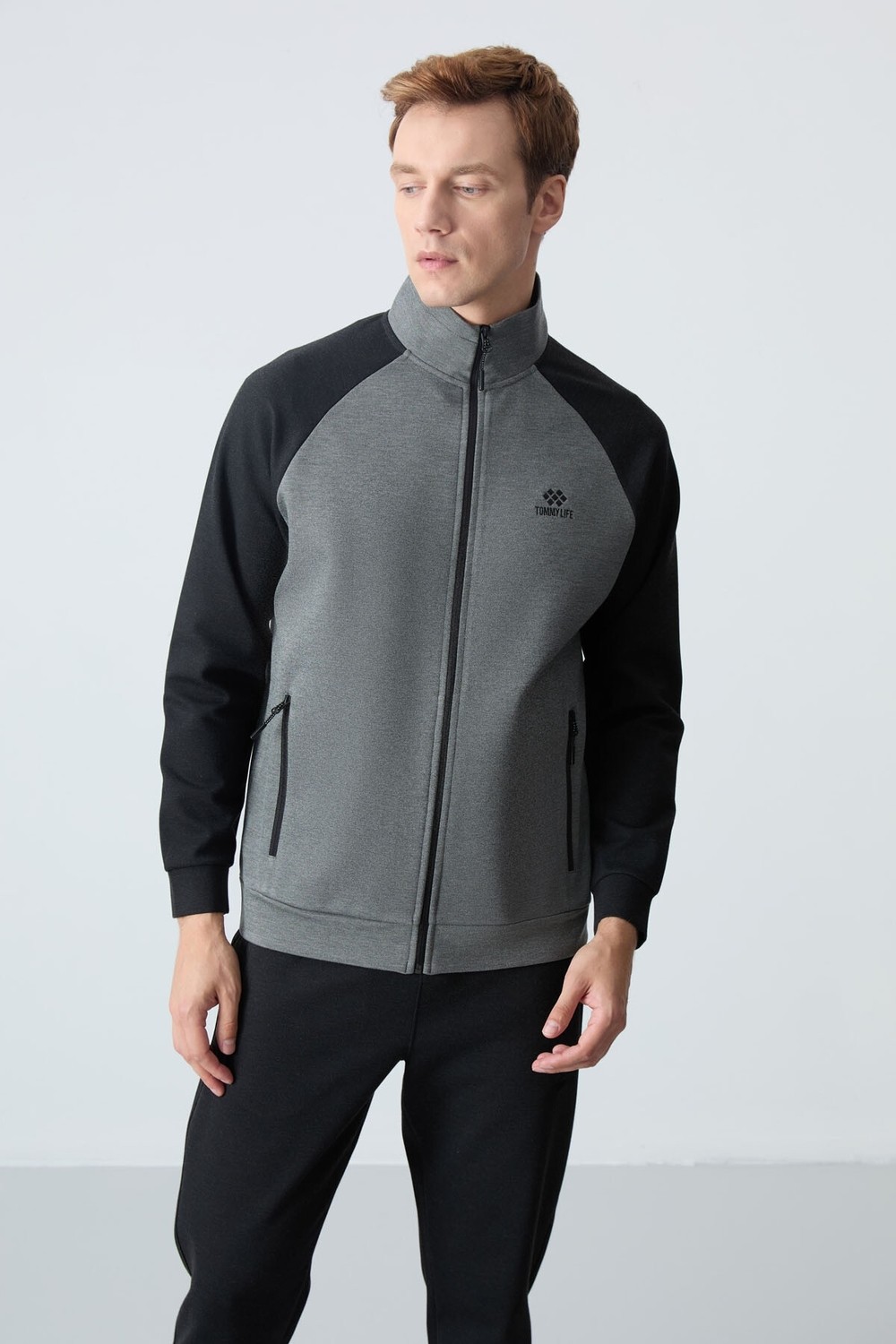 Tommy Life Çağla Siyah Dik Yaka Çift Renk Rahat Form Klasik Paça Erkek Eşofman Takımı - 85113 görsel 2