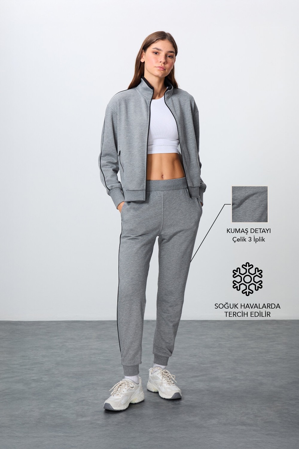 Tommy Life Çam Yeşili Kompakt Pamuklu Kalın Pürüzsüz Dokulu Dik Yaka Oversize Fit Kadın Eşofman Takım - 95340