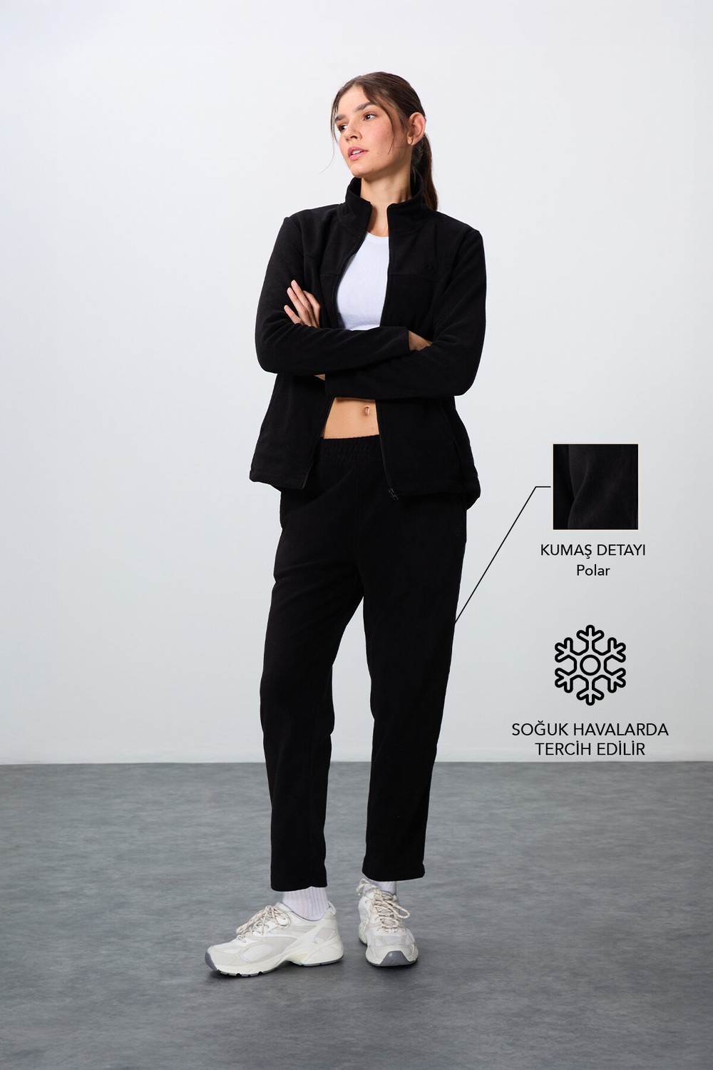 Tommy Life Haki Kalın Yumuşak Dokulu Dik Yaka Oversize Nakışlı Polar Kadın Eşofman Takım -95339 görsel 6