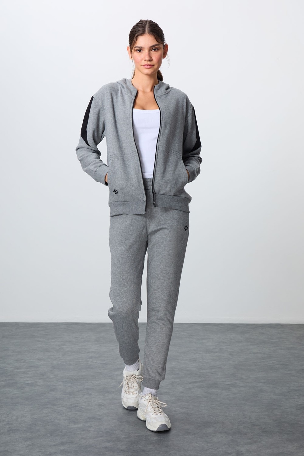 Tommy Life Çam Yeşili-Lacivert Pamuklu Kalın Kapüşonlu Oversize Fit Kadın Eşofman Takım - 95343