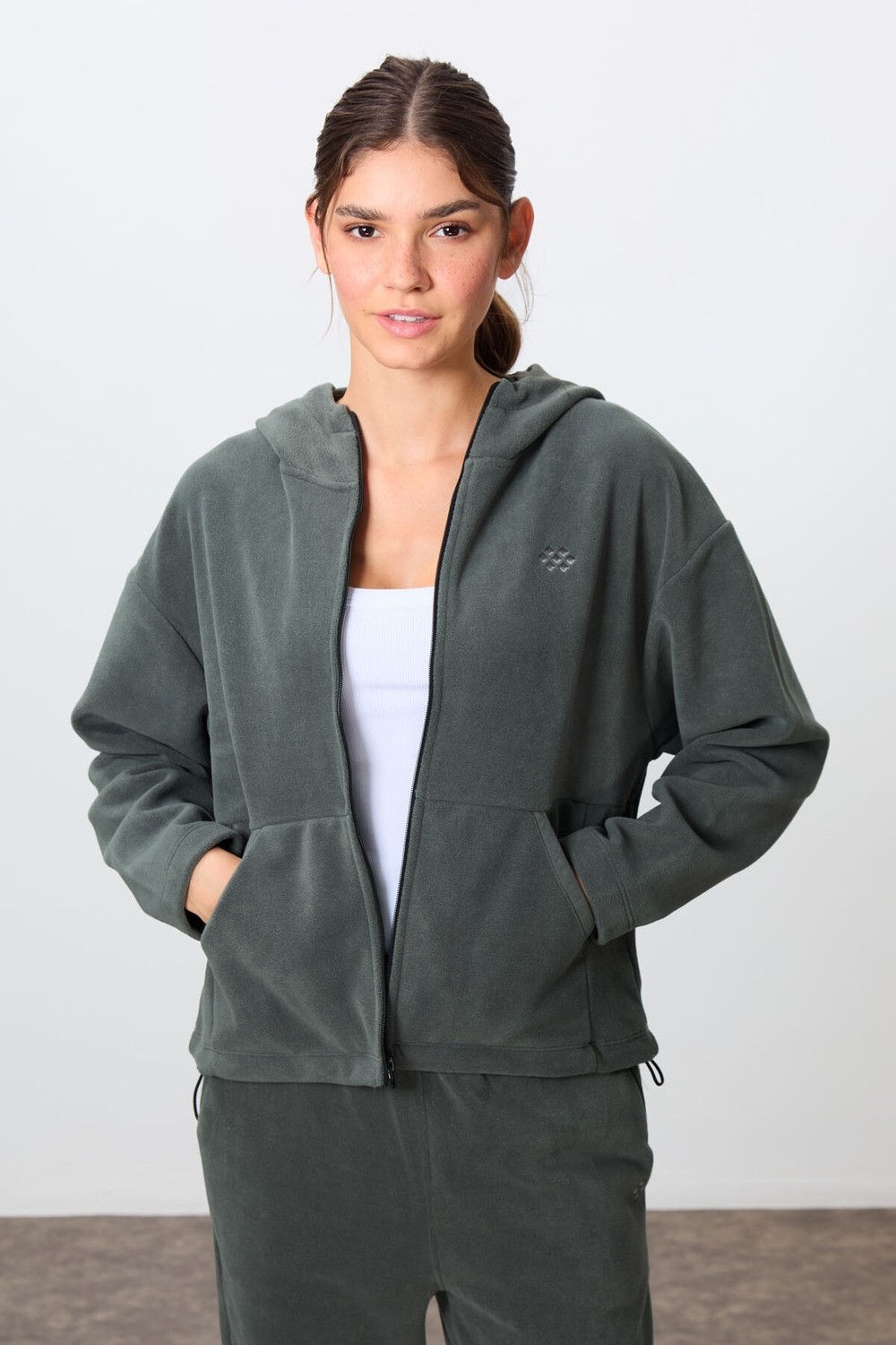 Tommy Life Gri Melanj Kalın Yumuşak Dokulu Kapüşonlu Oversize Nakışlı Polar Kadın Eşofman Takım -95338 görsel 2