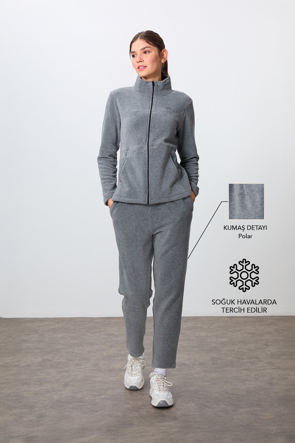 Tommy Life Haki Kalın Yumuşak Dokulu Dik Yaka Oversize Nakışlı Polar Kadın Eşofman Takım -95339