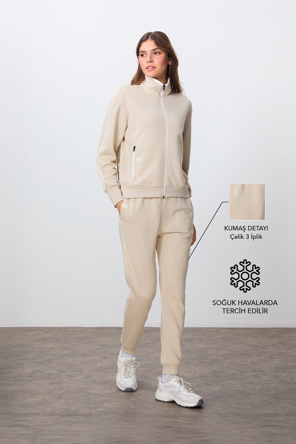 Tommy Life Çam Yeşili Kompakt Pamuklu Kalın Pürüzsüz Dokulu Dik Yaka Oversize Fit Kadın Eşofman Takım - 95340