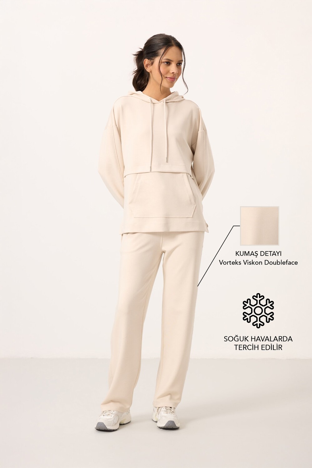 Tommy Life Kahverengi Yumuşak Dokulu Kapüşonlu Oversize Kadın Eşofman Tunik Takım - 95348
