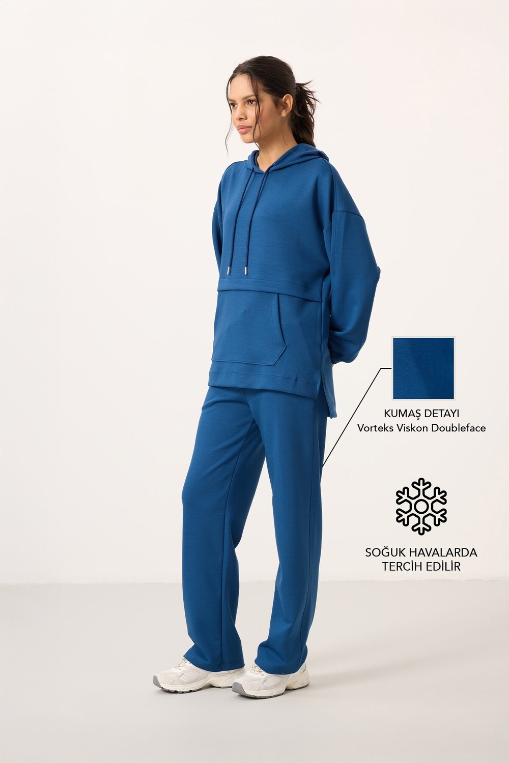 Tommy Life Kahverengi Yumuşak Dokulu Kapüşonlu Oversize Kadın Eşofman Tunik Takım - 95348