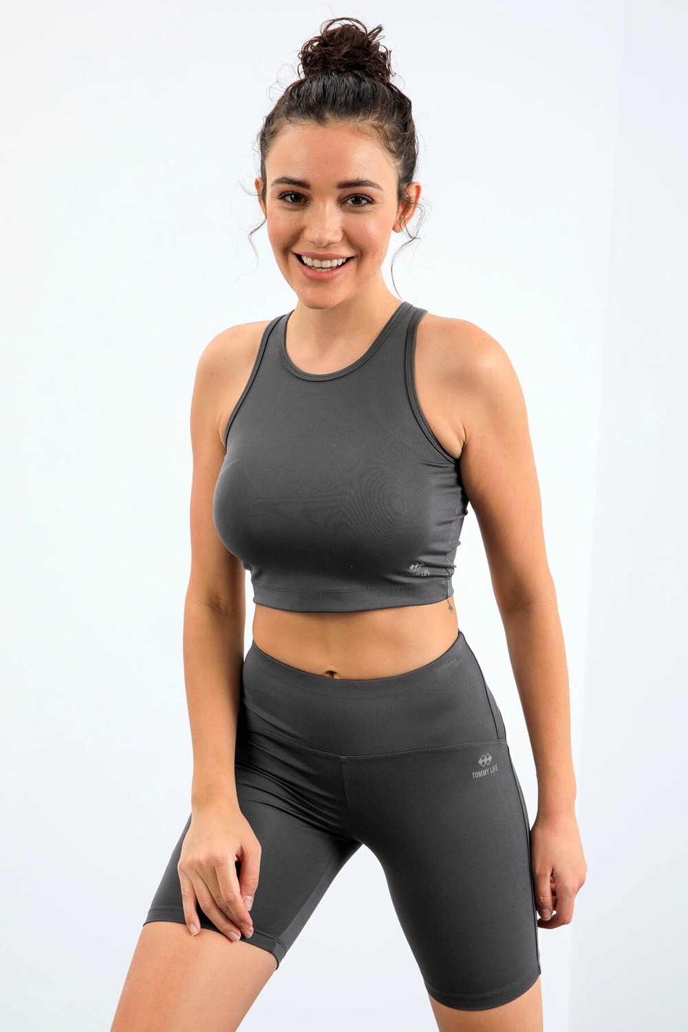 Tommy Life Koyu Gri Yüksek Bel Toparlayıcı Dar Kalıp Crop Biker Kadın Tayt Takım - 95302