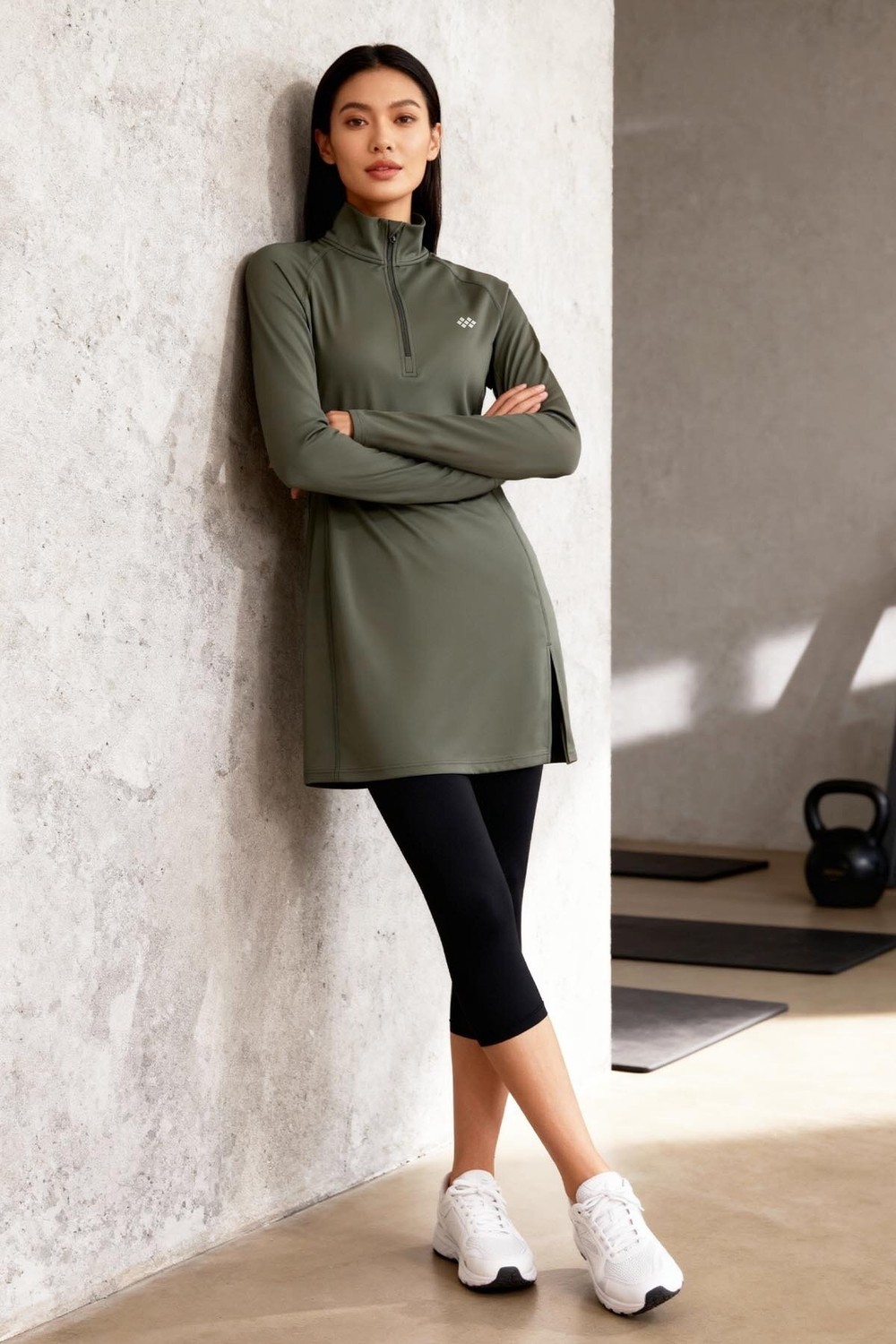 Tommy Life Siyah Yarım Fermuarlı Dik Yaka Standart Kalıp Kadın Sporcu Tunik - 97309