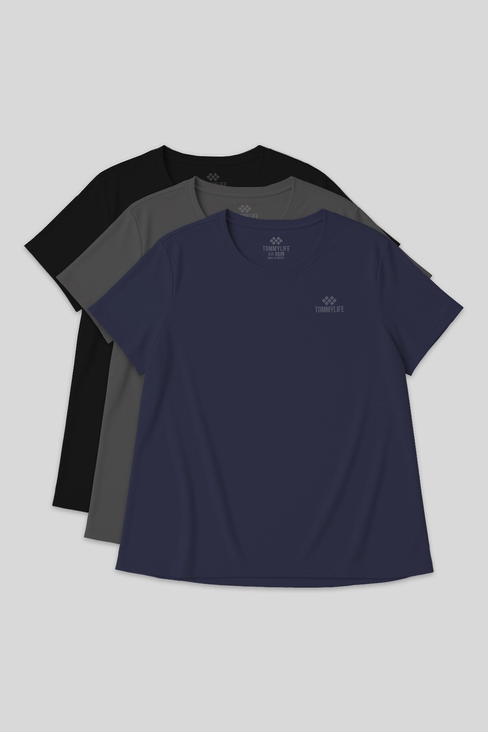 Tommy Life Rahat Form 3lü Paket Siyah-Beyaz-Haki Büyük Beden Performans Kadın T-Shirt-97308 görsel 7