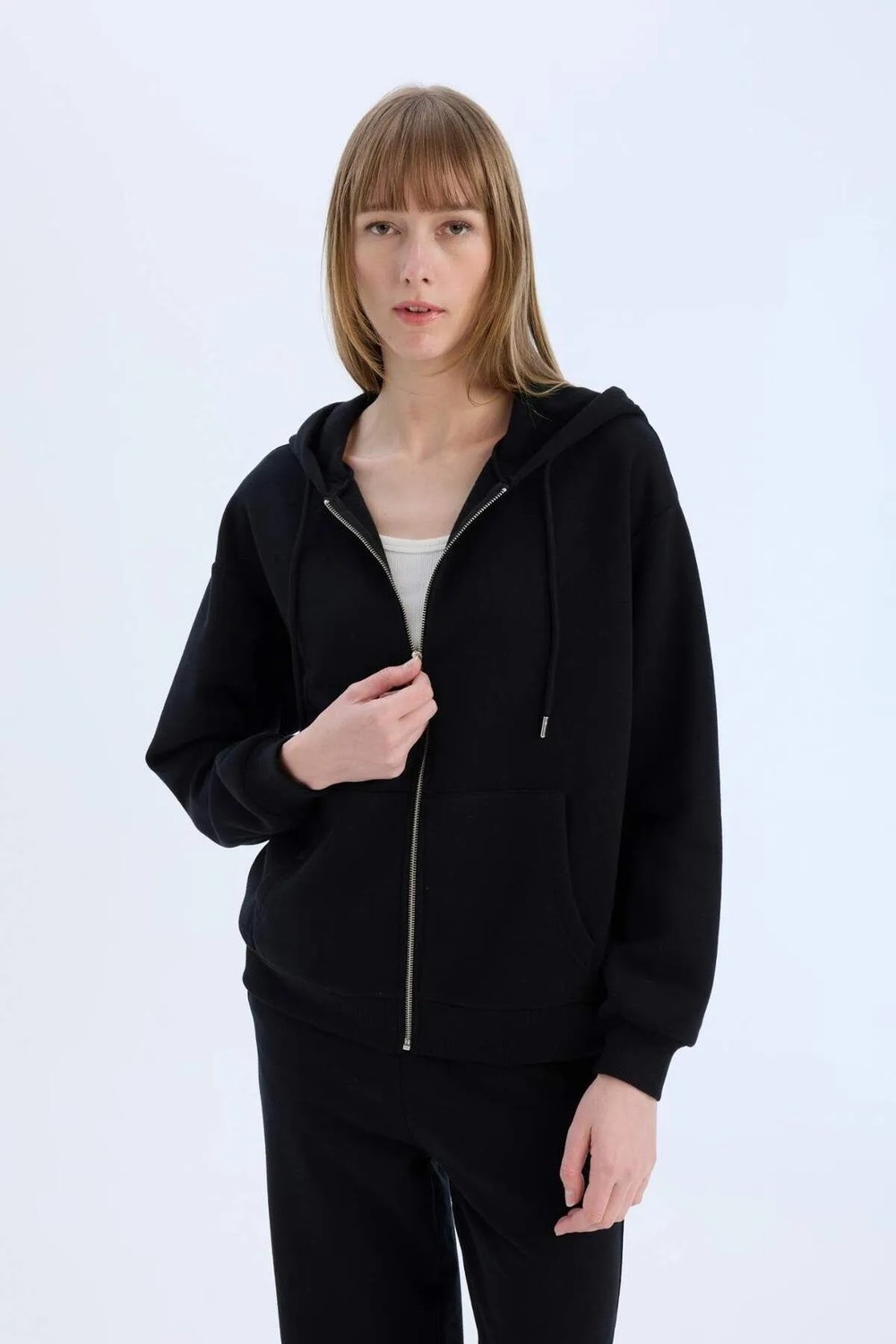 DeFacto Siyah Okula Dönüş Relax Fit Kapüşonlu Kalın Basic Düz Cepli Fermuarlı Sweatshirt D8717AX24WN görsel 8