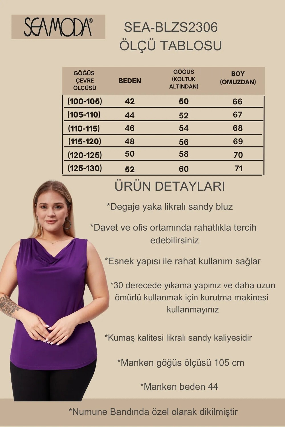Sea Moda Degaje Yaka Sandy Büyük Beden Kadın Basic Bluz 4 Mevsim Rahat Kullanım Şık Atlet-Mor görsel 6