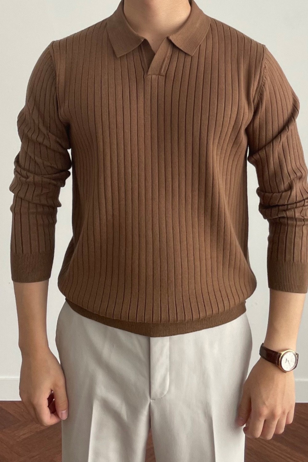 Cool Tarz Kahve Erkek Polo Yaka Fitilli Triko Kazak Günlük Stil ile Şık ve Rahat görsel 4