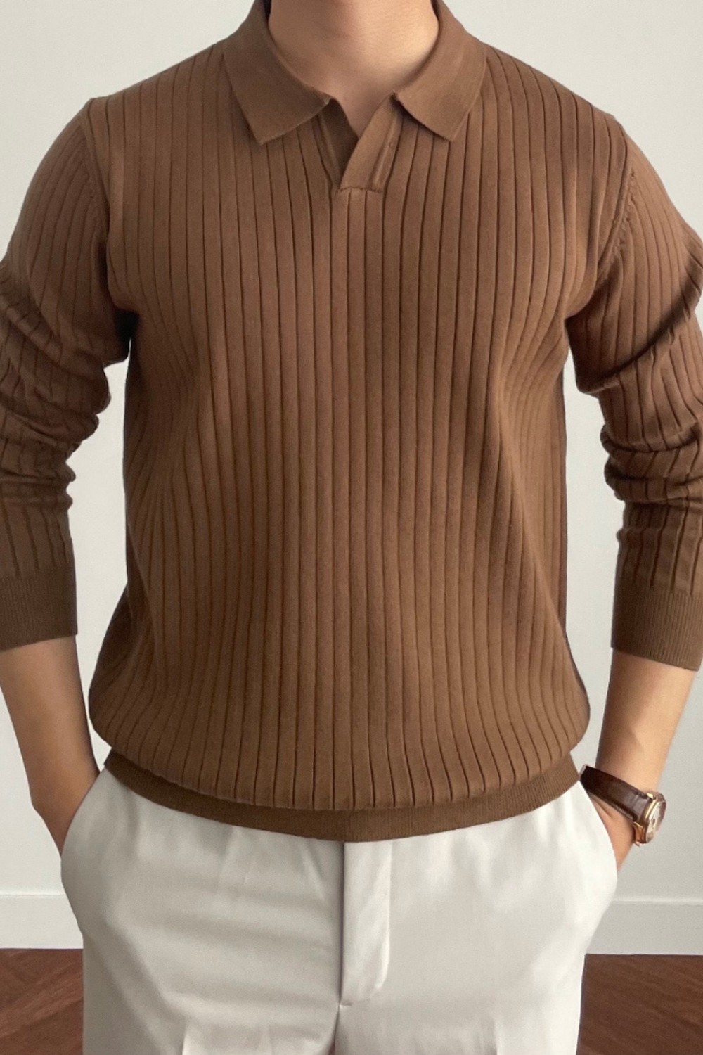 Cool Tarz Kahve Erkek Polo Yaka Fitilli Triko Kazak Günlük Stil ile Şık ve Rahat görsel 5