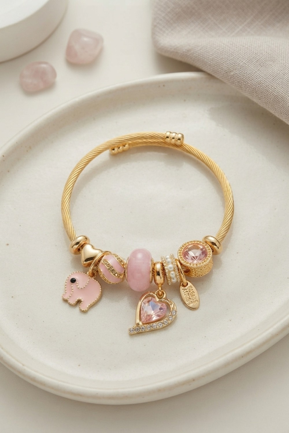 Dorasan Kalp ve Fil Model Pembe Charmlı Bileklik