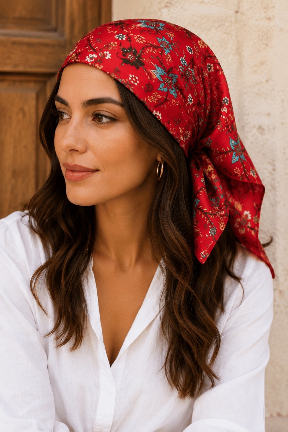 Walkenzo Lara Çiçek Desenli %100 Pamuklu Çok Amaçlı Bandana Fular görsel 8